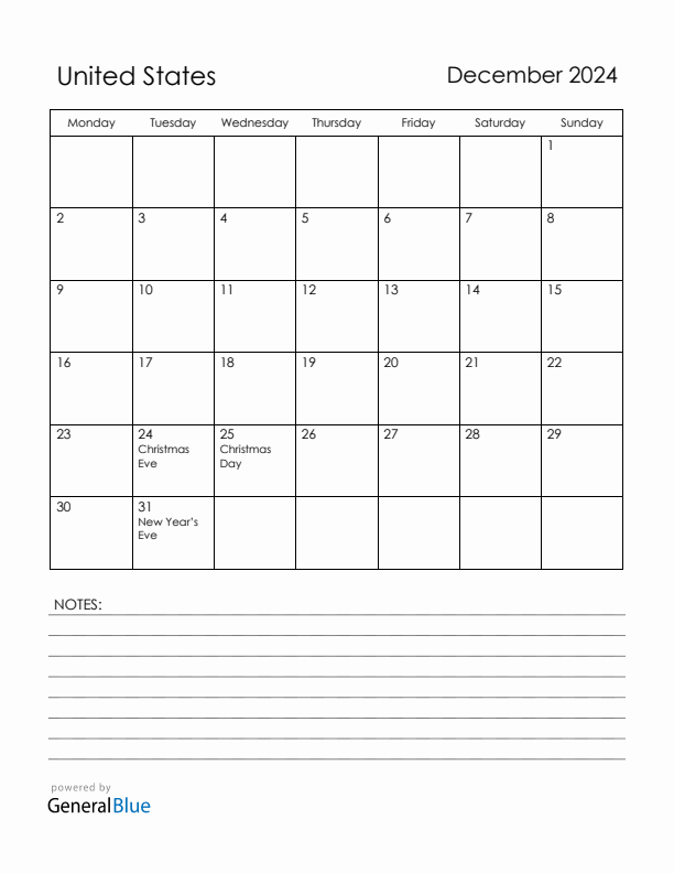 December 2024 United States Calendar with Holidays (Monday Start)