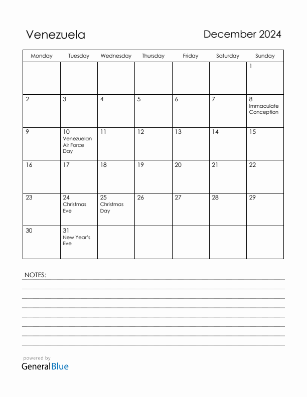 December 2024 Venezuela Calendar with Holidays (Monday Start)