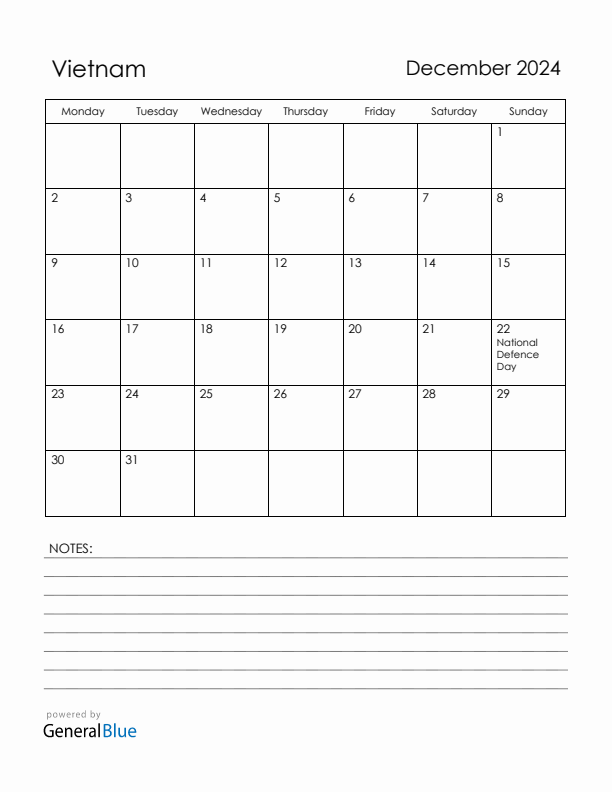 December 2024 Vietnam Calendar with Holidays (Monday Start)