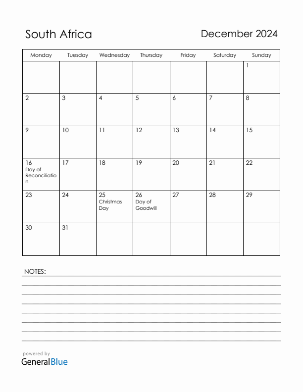 December 2024 South Africa Calendar with Holidays (Monday Start)