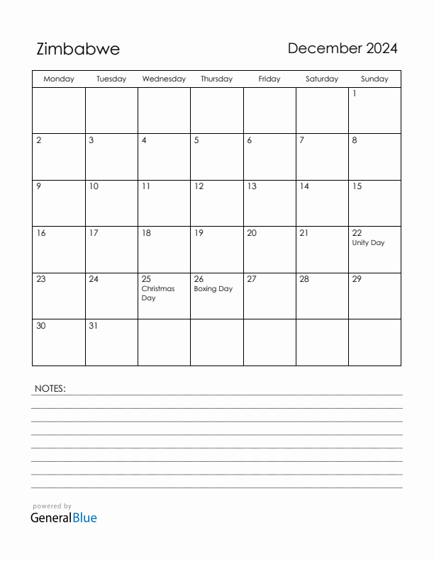 December 2024 Zimbabwe Calendar with Holidays (Monday Start)