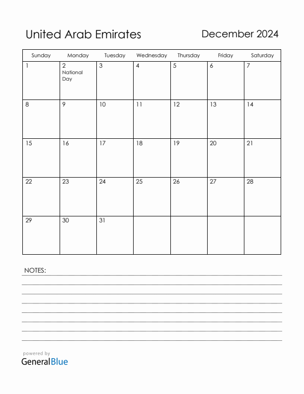 December 2024 United Arab Emirates Calendar with Holidays (Sunday Start)