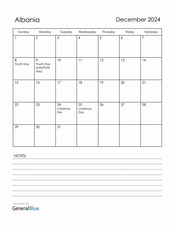 December 2024 Albania Calendar with Holidays (Sunday Start)
