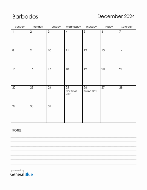 December 2024 Barbados Calendar with Holidays (Sunday Start)