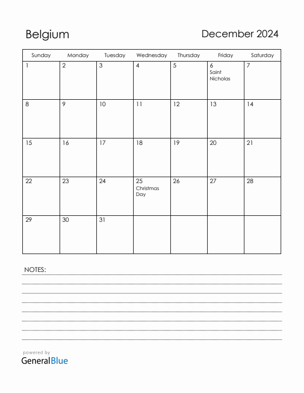 December 2024 Belgium Calendar with Holidays (Sunday Start)
