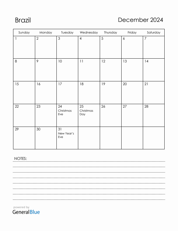 December 2024 Brazil Calendar with Holidays (Sunday Start)
