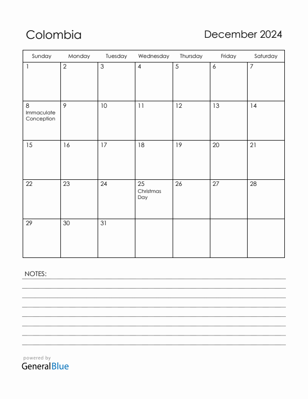 December 2024 Colombia Calendar with Holidays (Sunday Start)