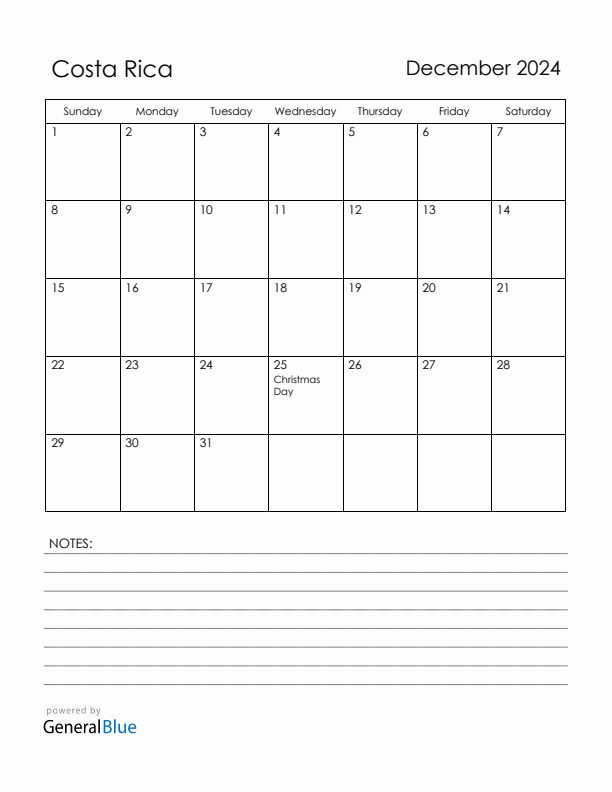 December 2024 Costa Rica Calendar with Holidays (Sunday Start)