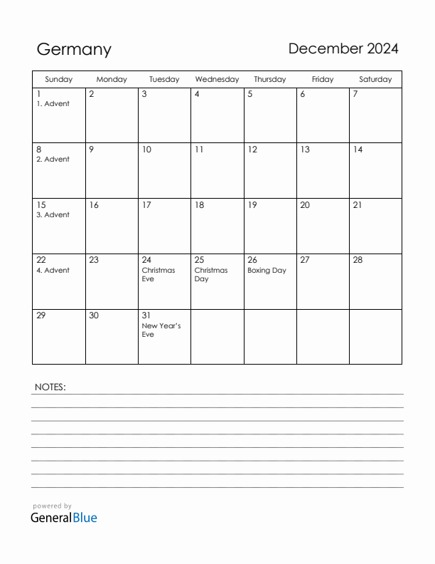 December 2024 Germany Calendar with Holidays (Sunday Start)