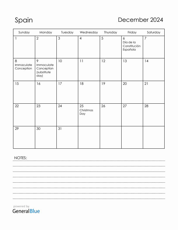 December 2024 Spain Calendar with Holidays (Sunday Start)