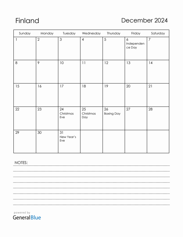 December 2024 Finland Calendar with Holidays (Sunday Start)