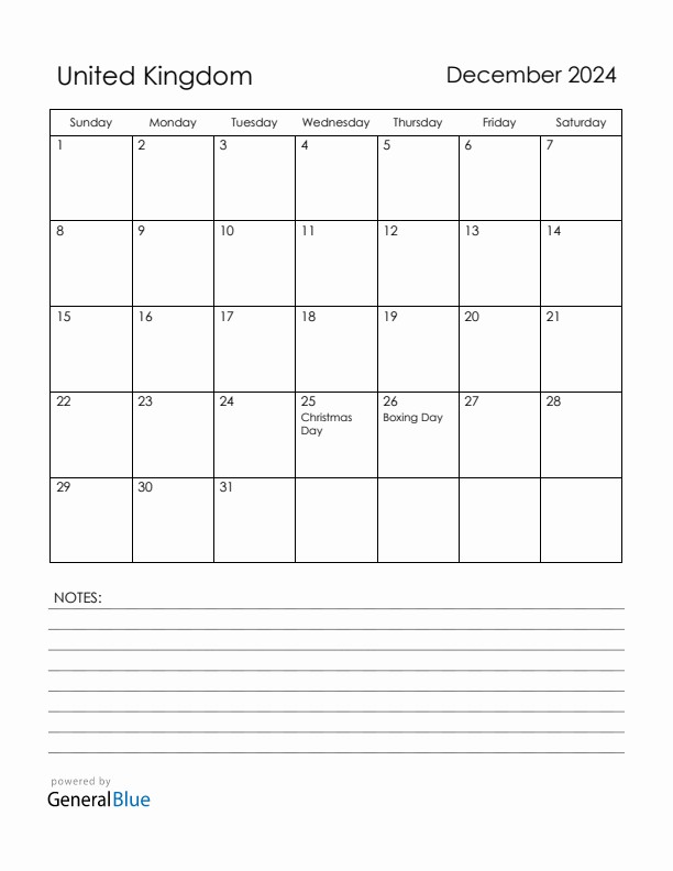 December 2024 United Kingdom Calendar with Holidays (Sunday Start)