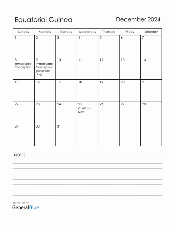 December 2024 Equatorial Guinea Calendar with Holidays (Sunday Start)