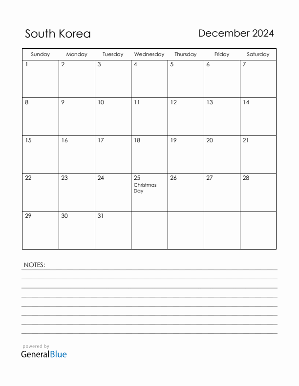 December 2024 South Korea Calendar with Holidays (Sunday Start)