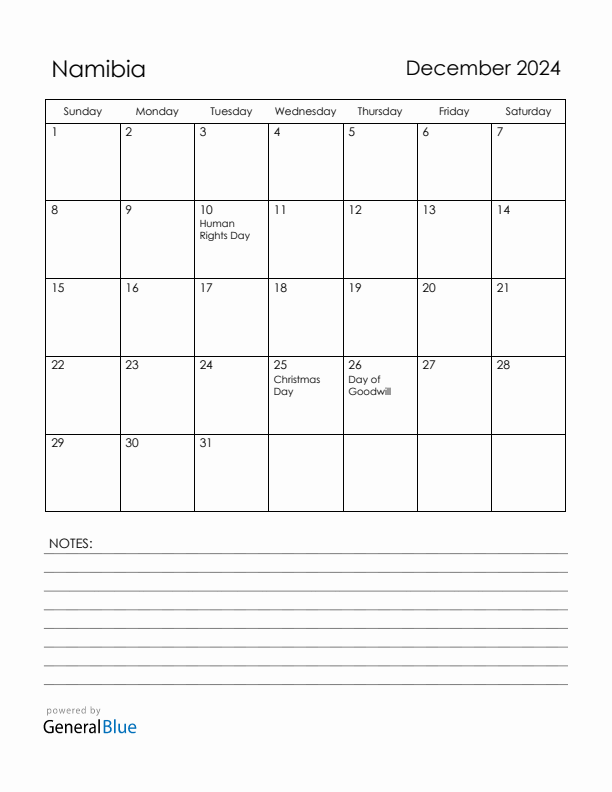 December 2024 Namibia Calendar with Holidays (Sunday Start)