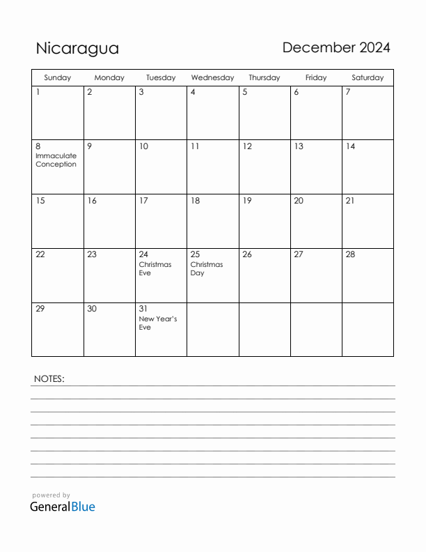 December 2024 Nicaragua Calendar with Holidays (Sunday Start)