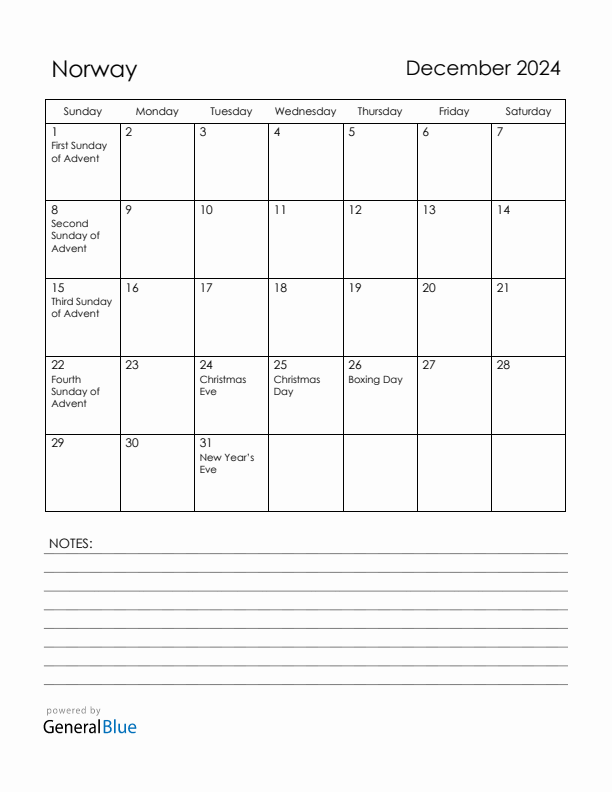 December 2024 Norway Calendar with Holidays (Sunday Start)