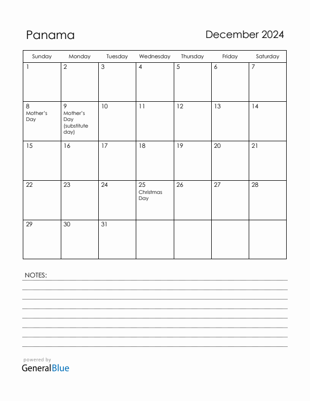 December 2024 Panama Calendar with Holidays (Sunday Start)