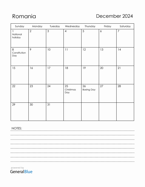 December 2024 Romania Calendar with Holidays (Sunday Start)