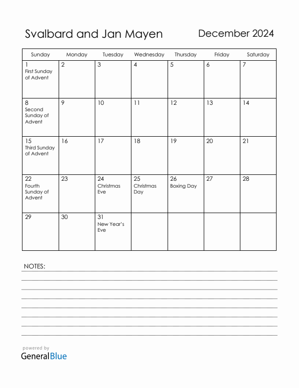 December 2024 Svalbard and Jan Mayen Calendar with Holidays (Sunday Start)