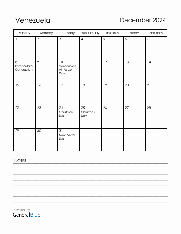 December 2024 Venezuela Calendar with Holidays (Sunday Start)