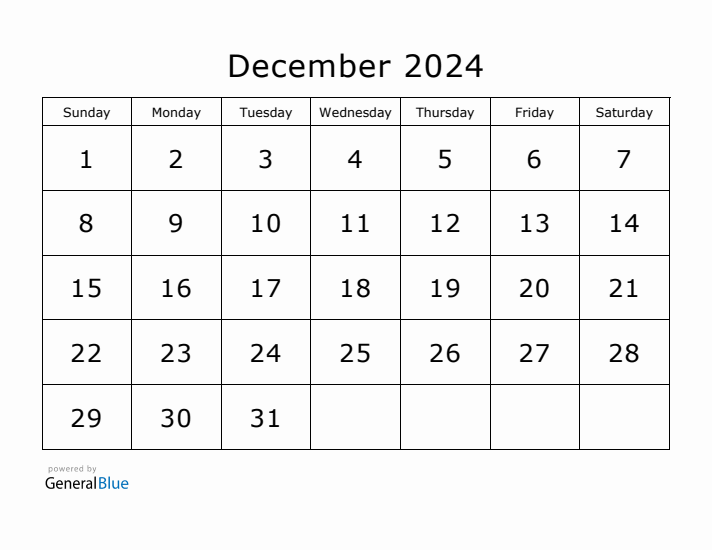 Printable December 2024 Calendar - Sunday Start