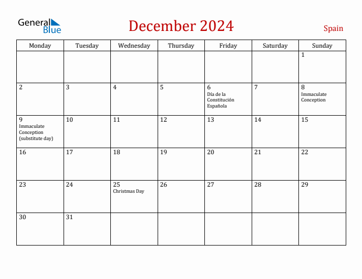 Spain December 2024 Calendar - Monday Start