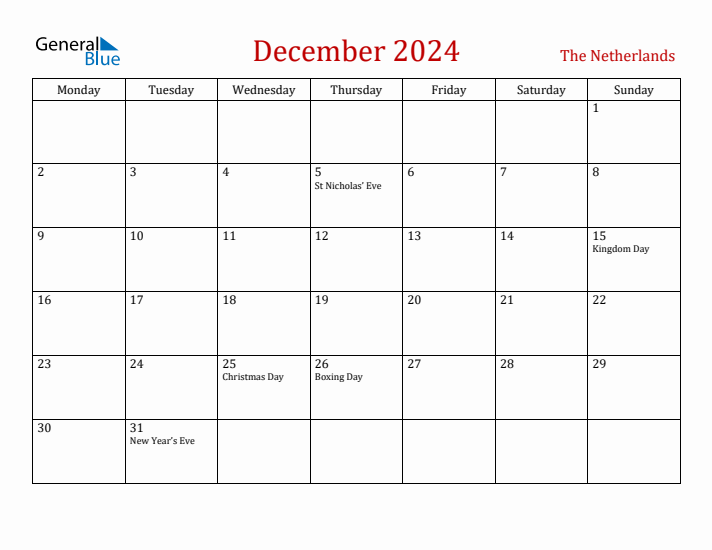 The Netherlands December 2024 Calendar - Monday Start