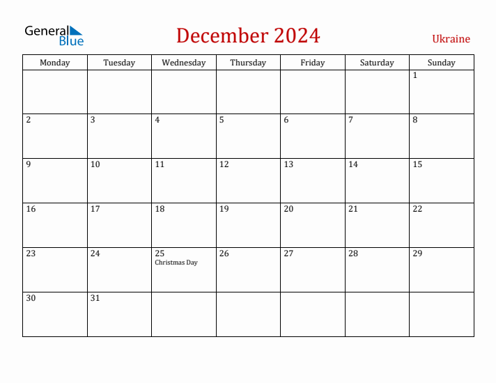 Ukraine December 2024 Calendar - Monday Start