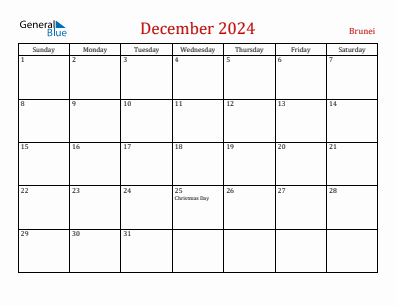 Current month calendar with Brunei holidays for December 2024