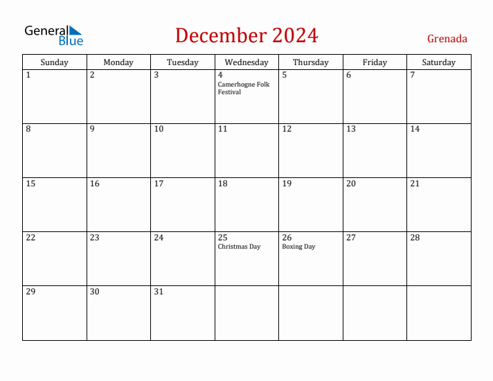 Grenada December 2024 Calendar - Sunday Start