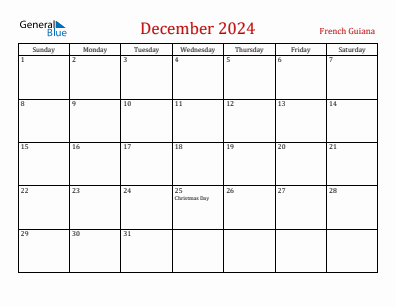 Current month calendar with French Guiana holidays for December 2024