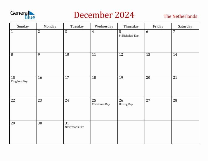 The Netherlands December 2024 Calendar - Sunday Start