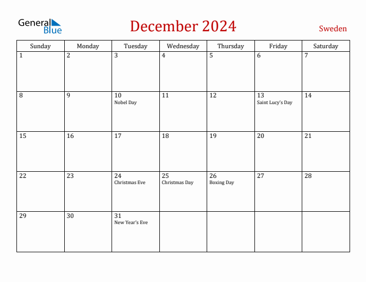 Sweden December 2024 Calendar - Sunday Start