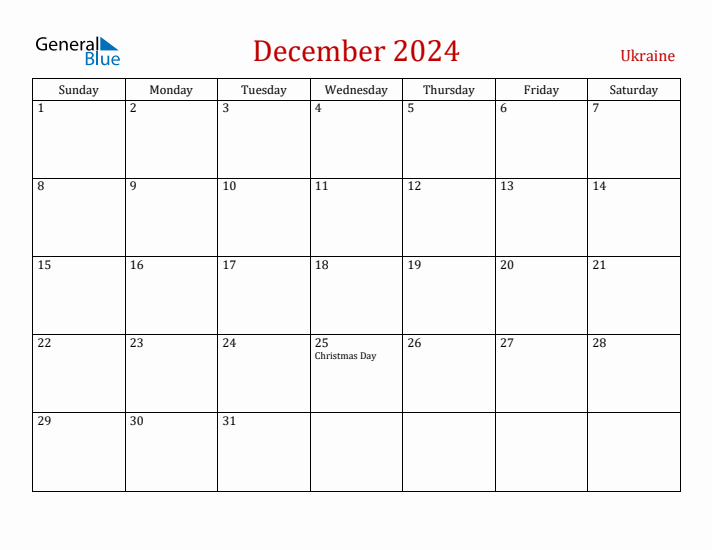 Ukraine December 2024 Calendar - Sunday Start