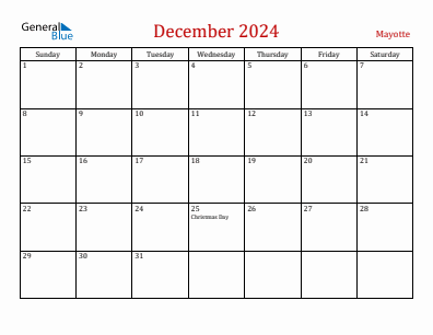 Current month calendar with Mayotte holidays for December 2024