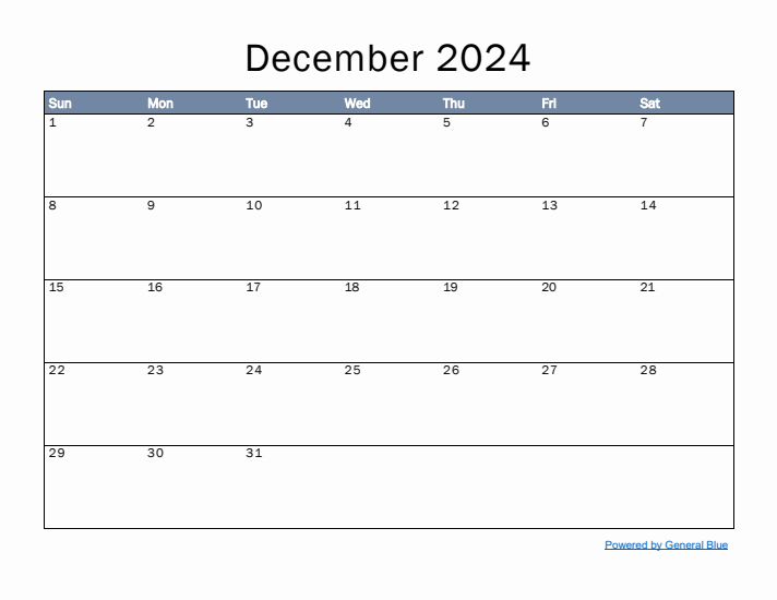 December 2024 Simple Month Calendar Template