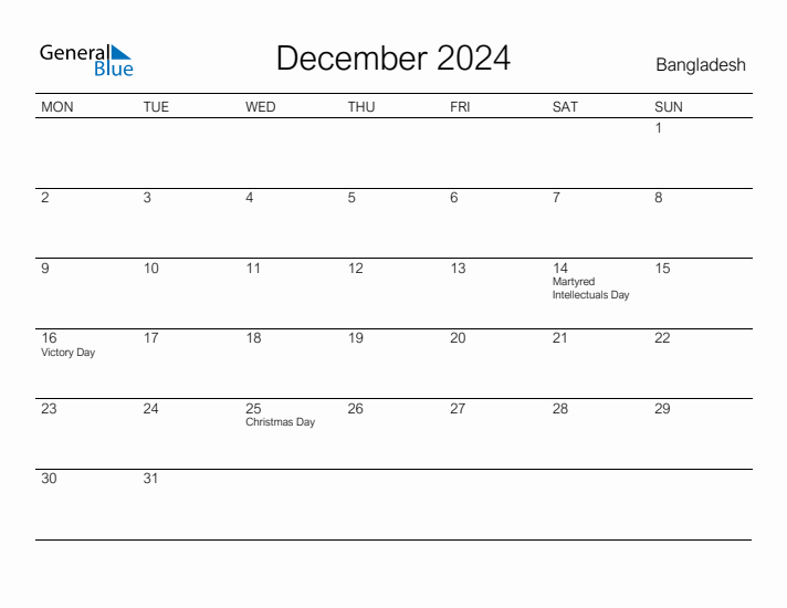 Printable December 2024 Calendar for Bangladesh