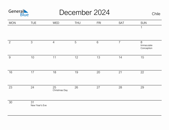 Printable December 2024 Calendar for Chile