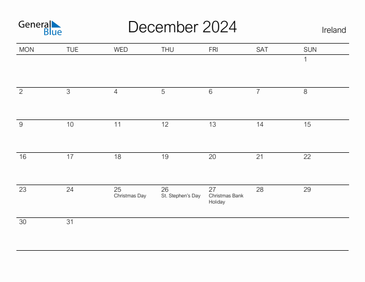 Printable December 2024 Calendar for Ireland