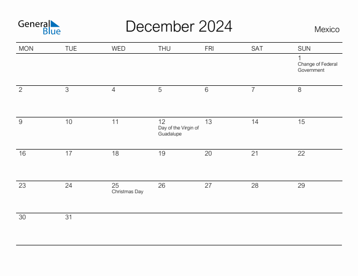 Printable December 2024 Calendar for Mexico