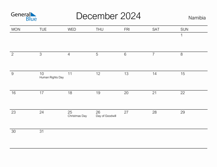 Printable December 2024 Calendar for Namibia