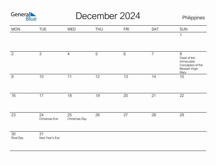 Printable December 2024 Calendar for Philippines