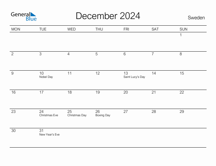 Printable December 2024 Calendar for Sweden