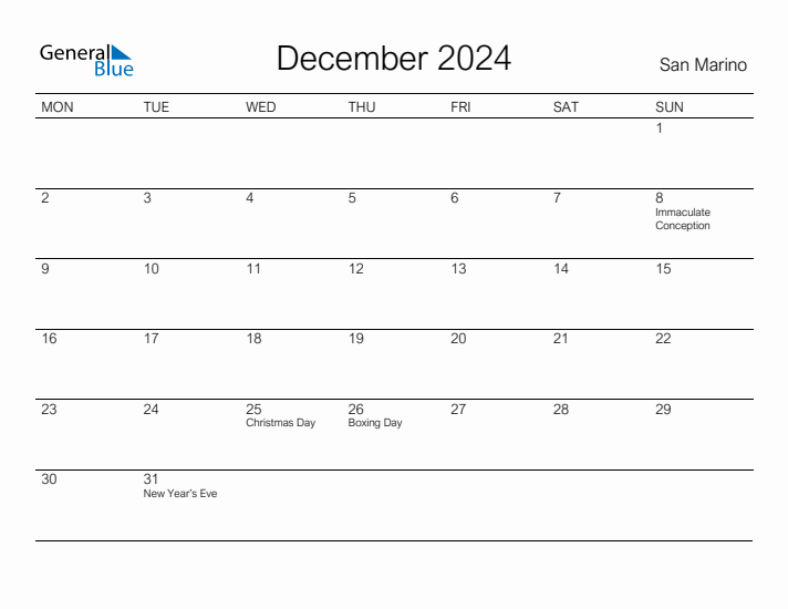 Printable December 2024 Calendar for San Marino