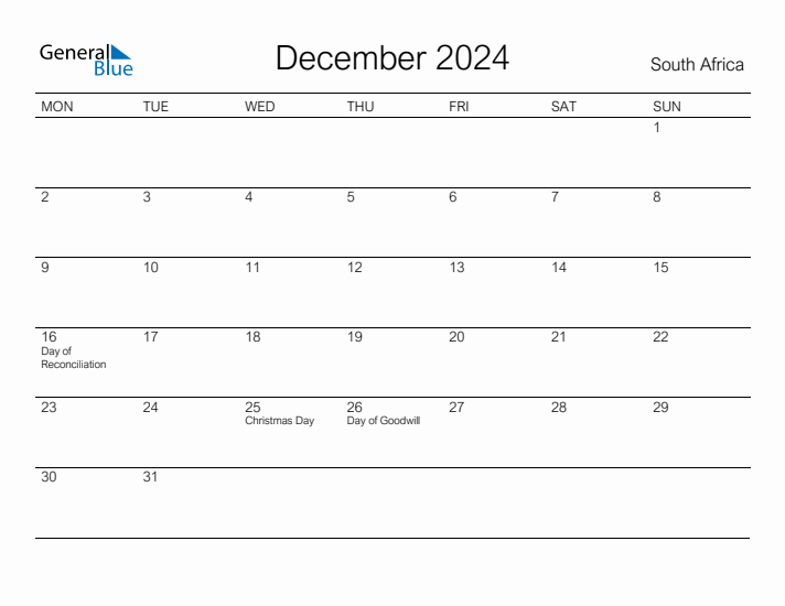 Printable December 2024 Calendar for South Africa