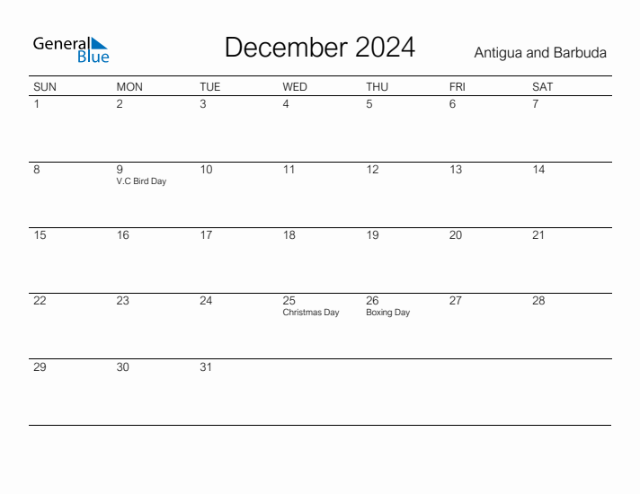 Printable December 2024 Calendar for Antigua and Barbuda