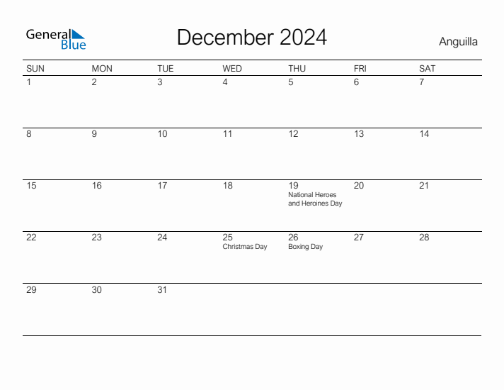 Printable December 2024 Calendar for Anguilla