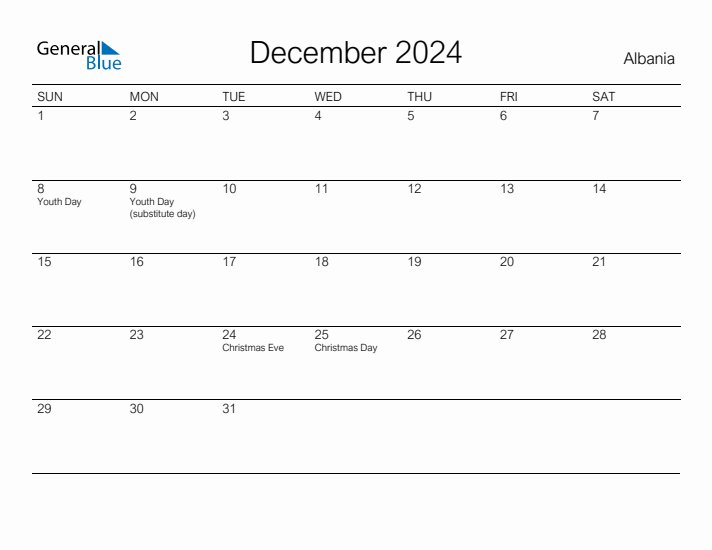 Printable December 2024 Calendar for Albania