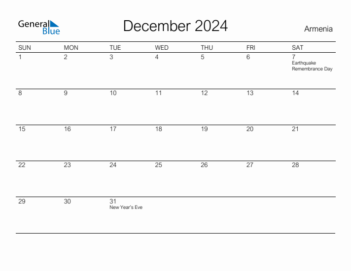 Printable December 2024 Calendar for Armenia